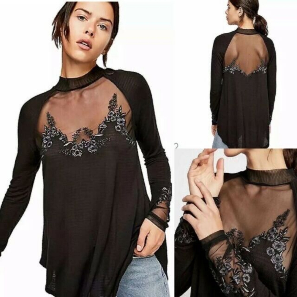 Free People Black Sheer Mesh Appliqué Long Sleeve Top